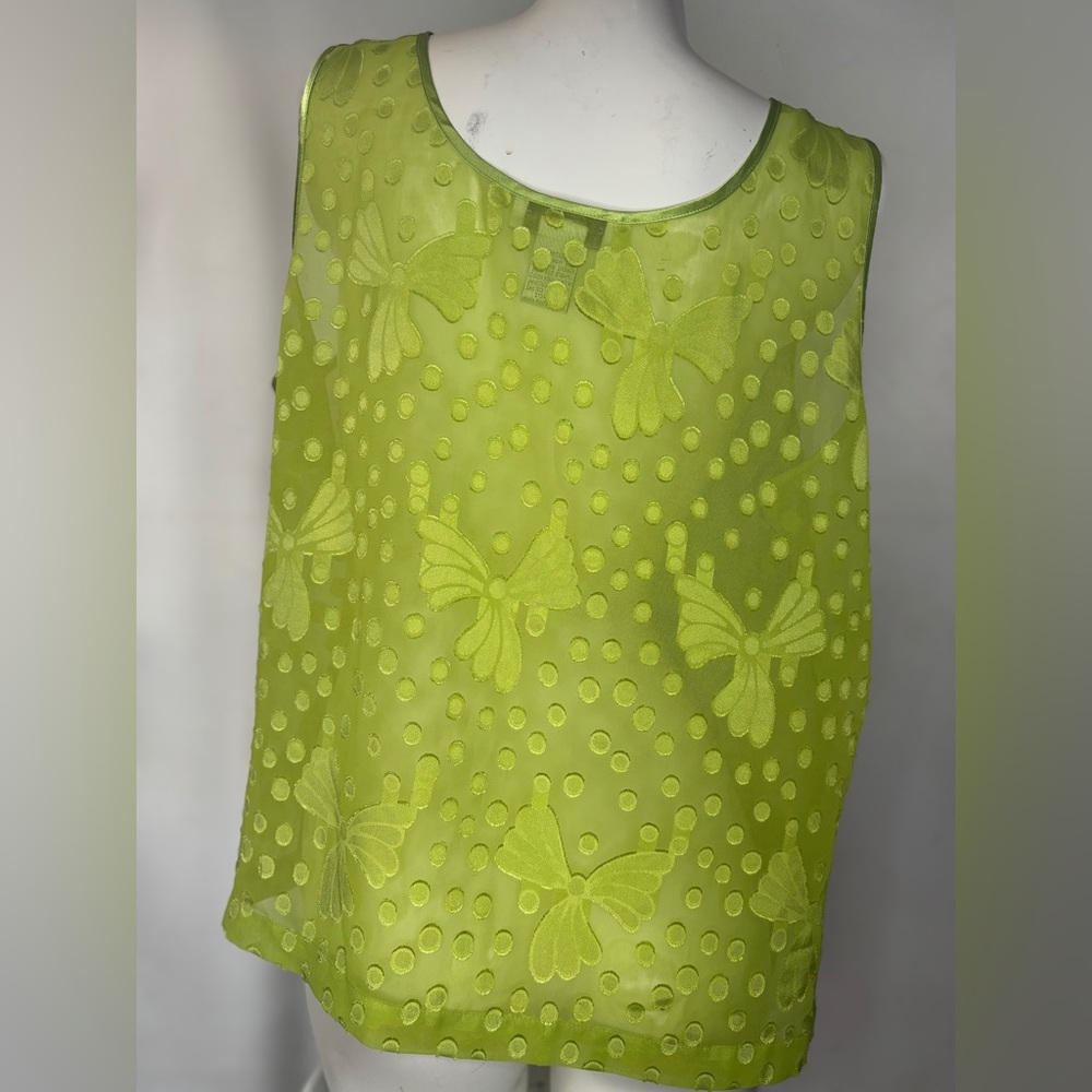 Vintage Morgan Taylor Lime Green Sheer Polka Dot Floral Top Womens SZ L - Picture 3 of 4